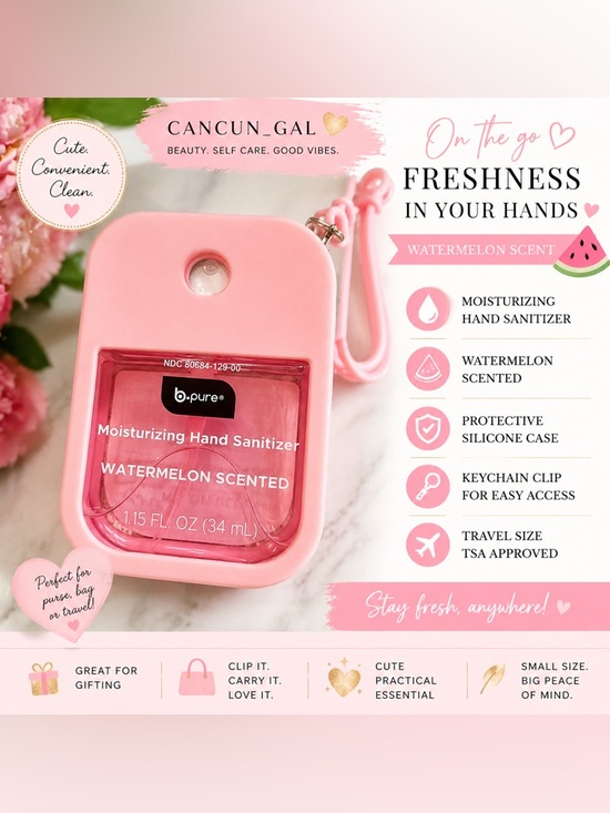 B.Pure Other - Watermelon Hand Sanitizer w/ Pink Silicone Case Keychain – Travel Size